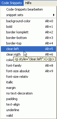Code-Snippet Menu zum Snippet-Set: CSS