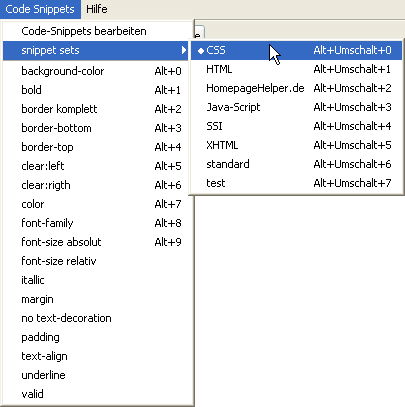 Code-Snippet-Set Menü. Die ersten 10 Einträge erhalten automatisch Tastenkürzel.